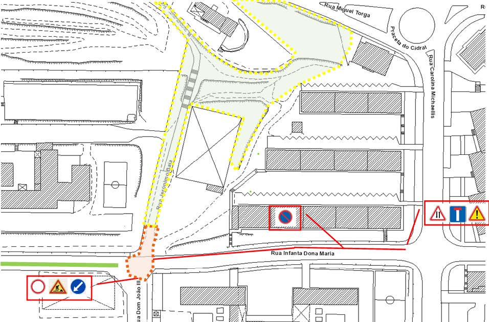 Rua Infanta Dona Maria cortada ao trânsito no período de férias escolares no âmbito da obra de requalificação de passeios