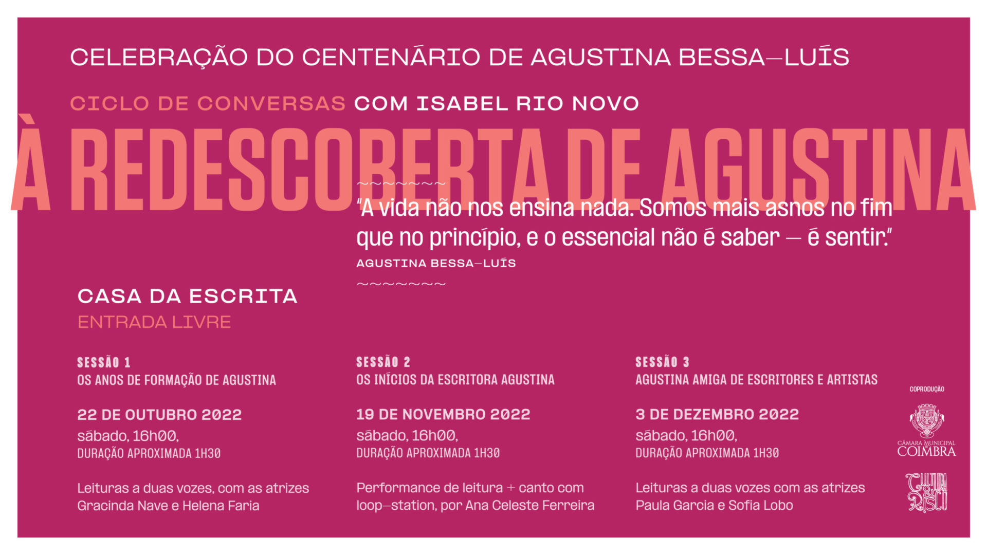 Ciclo de conversas “À redescoberta de Agustina” arranca sábado com Isabel Rio Novo