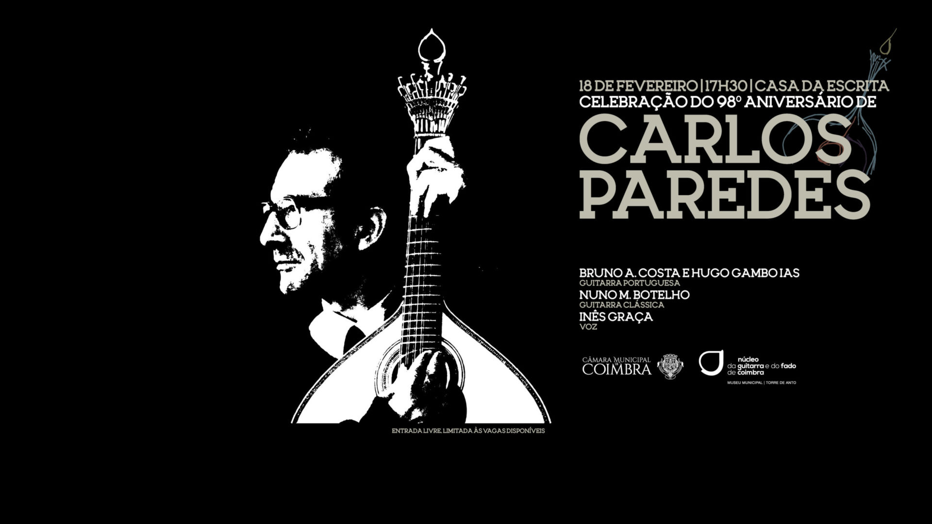 Câmara celebra nascimento de Carlos Paredes no próximo dia 18 de fevereiro na Casa da Escrita