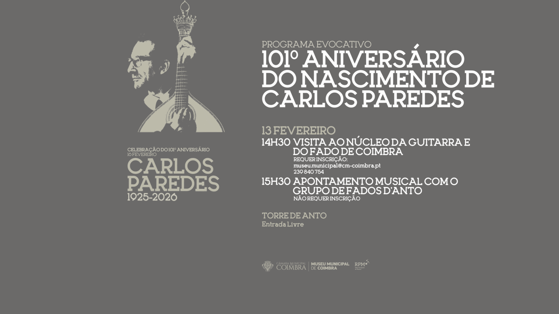 Museu Municipal de Coimbra assinala 101º aniversário de Carlos Paredes com programa evocativo